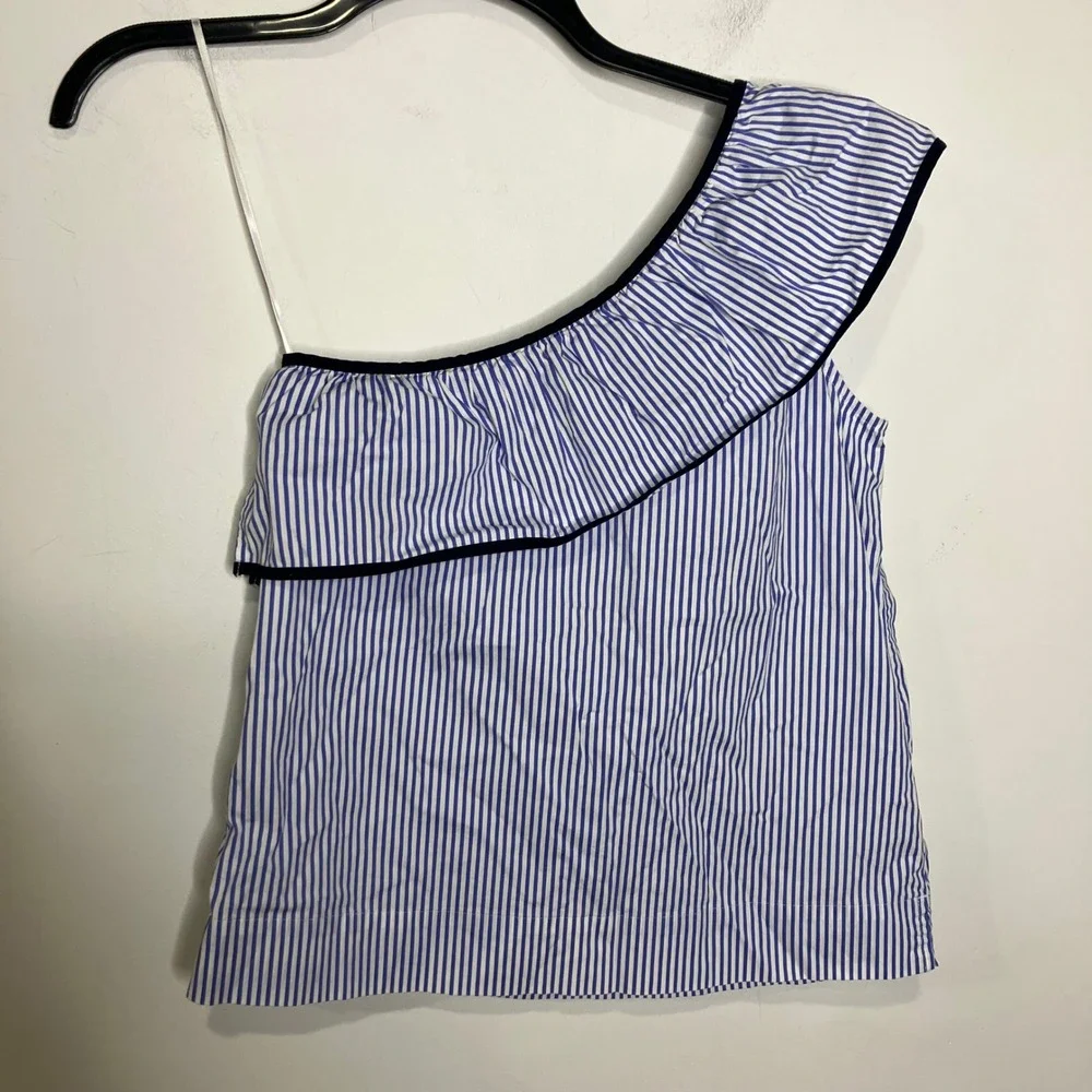 J. Crew one shoulder ruffle blouse blue white striped women's size‎ 4 preppy